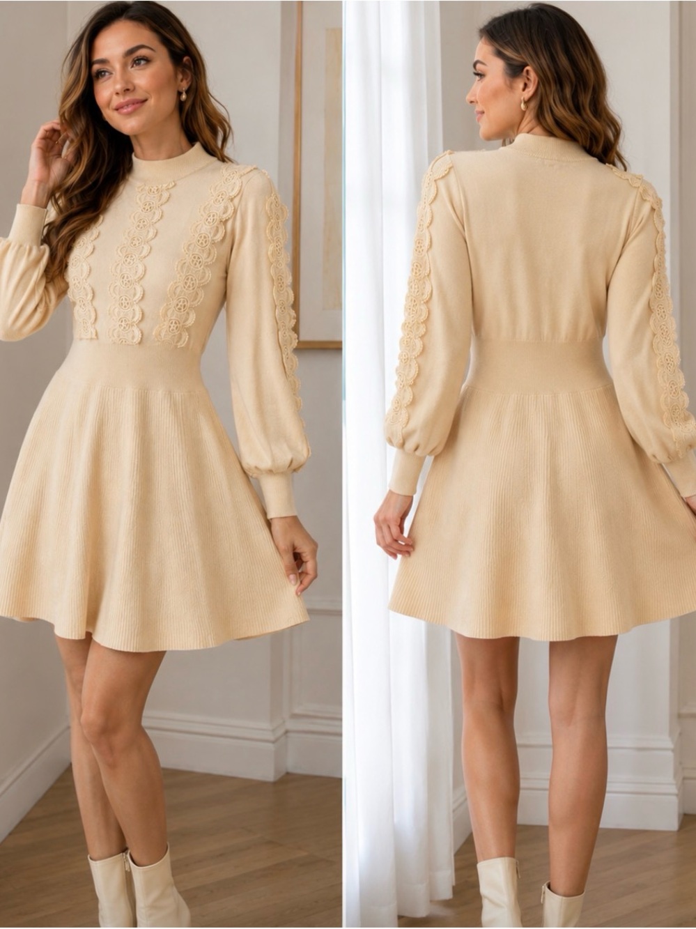 Chicwish Cream Lace-Detail Fit & Flare Sweater Dress